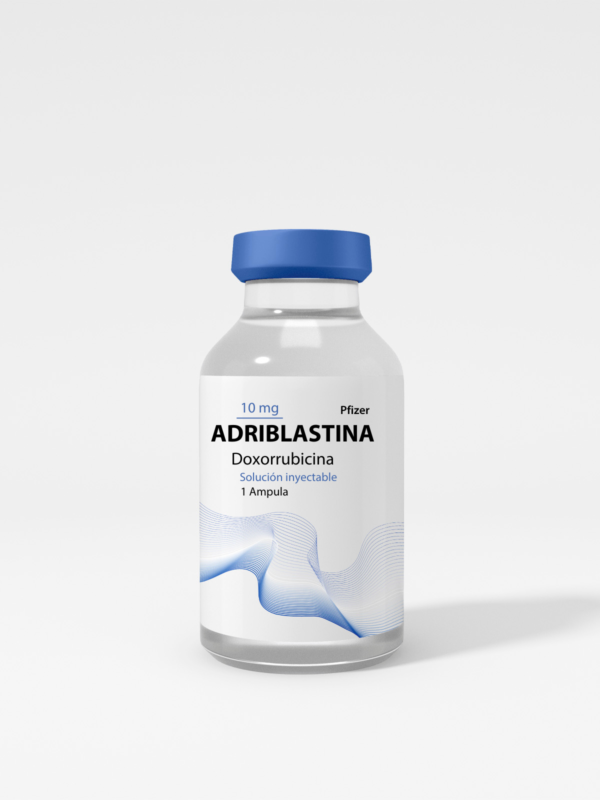 Ámpula de Adriblastina 10 mg, tratamiento oncológico.